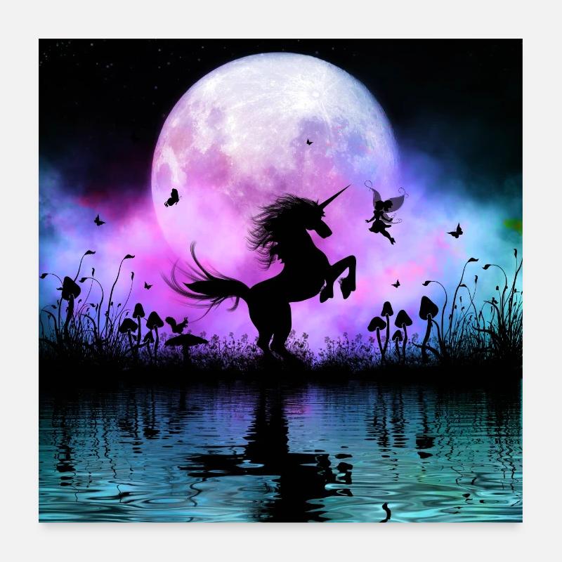 Wunderbares Einhorn mit Fee nachts Poster 60x60 cm