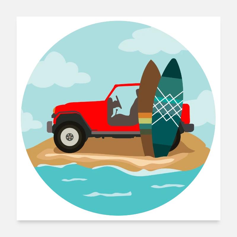 Surfing Wave Jeep und Surfboard Surfer Geschenk - Poster 60x60 cm - Weiß