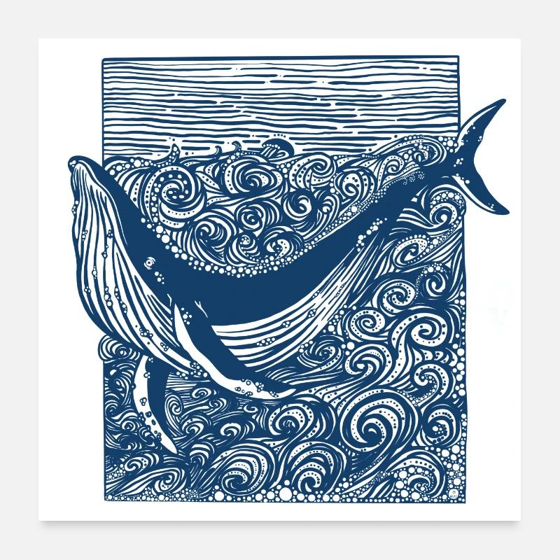 Ozean Buckelwal Doodle - Poster 60x60 cm - Weiß