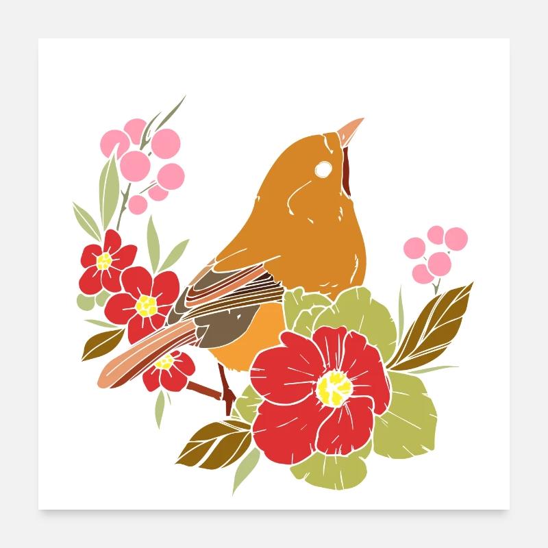 Oiseau de printemps dans les fleurs Poster 60 x 60 cm