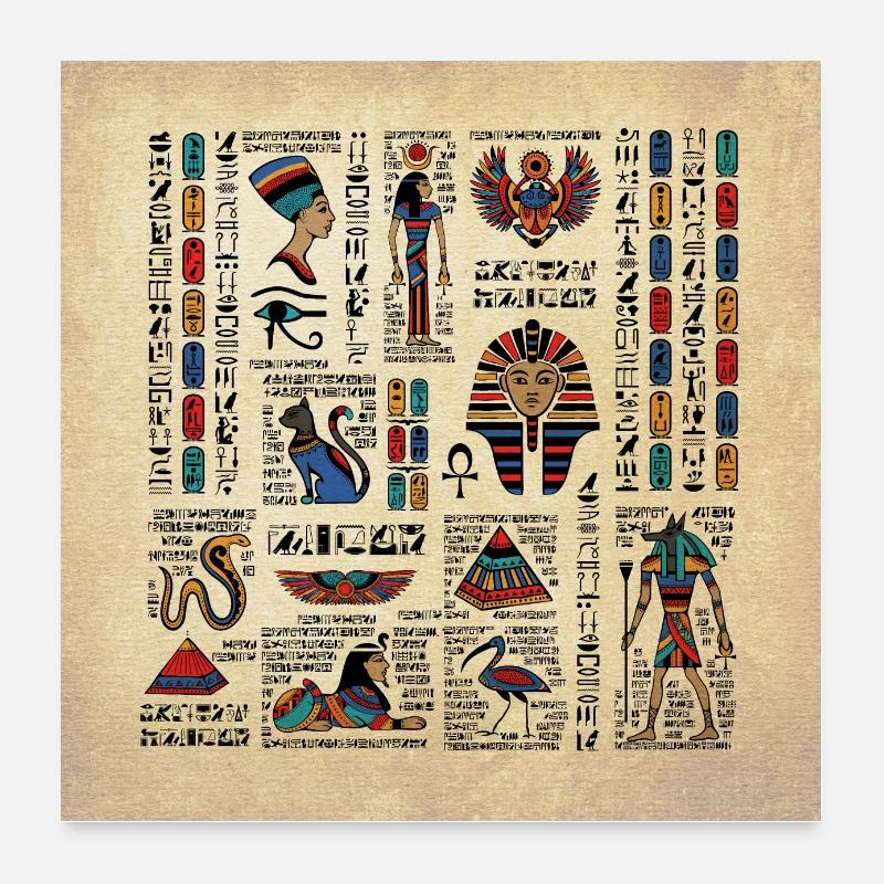 Hiéroglyphes égyptiens et divinités sur papyrus Poster 60 x 60 cm