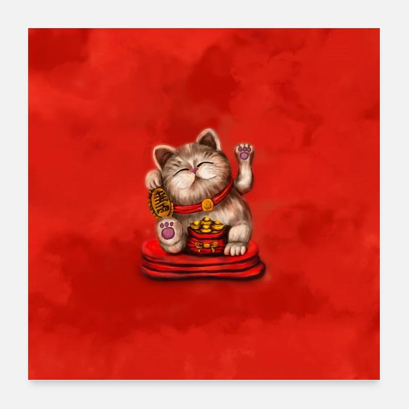 Maneki-neko Beckoning cat on red Poster 24" x 24" (60x60 cm)