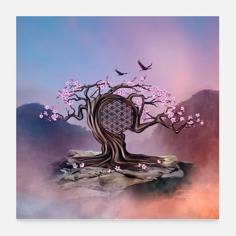 Blühende Blume des Lebensbaums - Poster 60x60 cm - Weiß