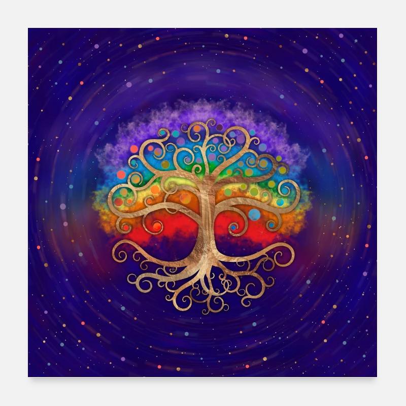 Baum des Lebens Goldener Wirbel und Regenbogen Poster 60x60 cm