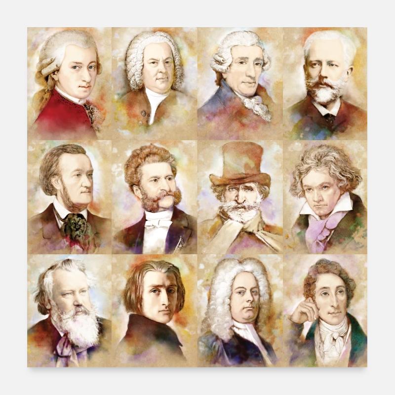 12 composers: Mozart, Bach, Beethoven and more Poster 24" x 24" (60x60 cm)