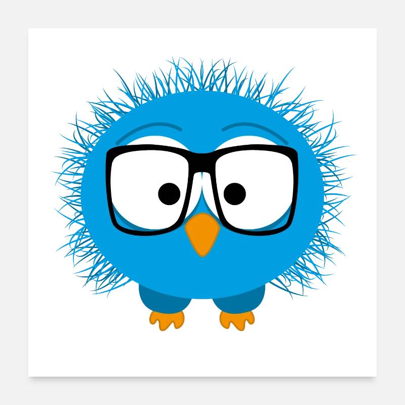 Disheveled comical bird with glasses, blue Poster 24" x 24" (60x60 cm)