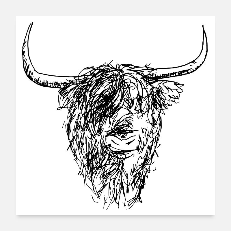 Scottish Highlander - dessin à l'encre - Poster 60 x 60 cm - blanc