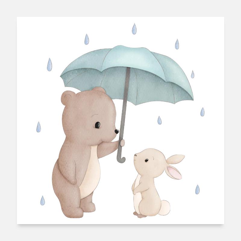 Bär Hase Regenschirm - Poster 60x60 cm - Weiß