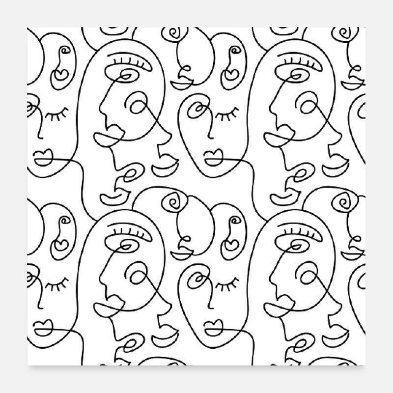 Pencil Line Art, Abstrakte Gesichter Poster 60x60 cm