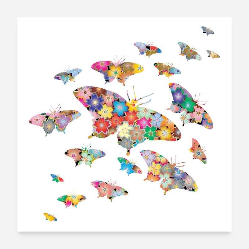Double Exposure Frühling Schmetterlinge Blumen Poster 60x60 cm