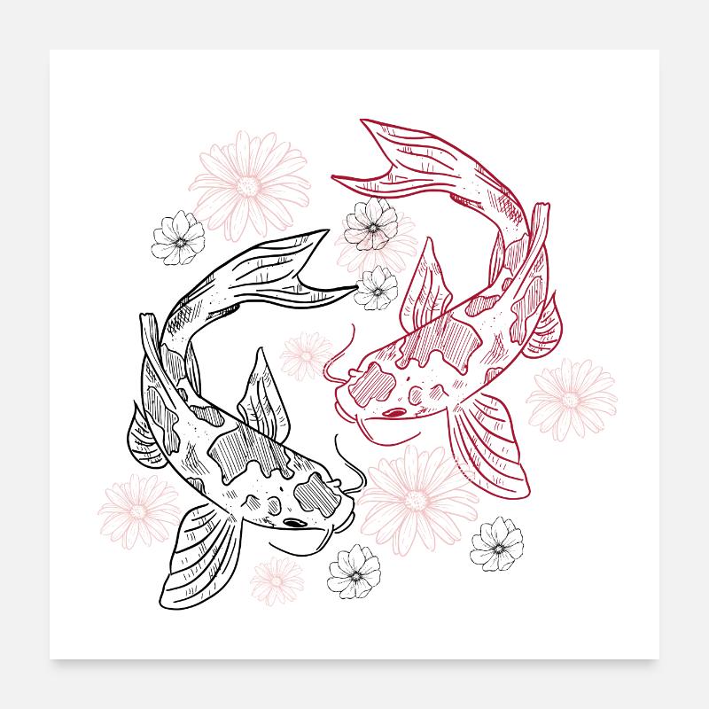 Poissons de Koi et fleur de Sakura Poster 60 x 60 cm