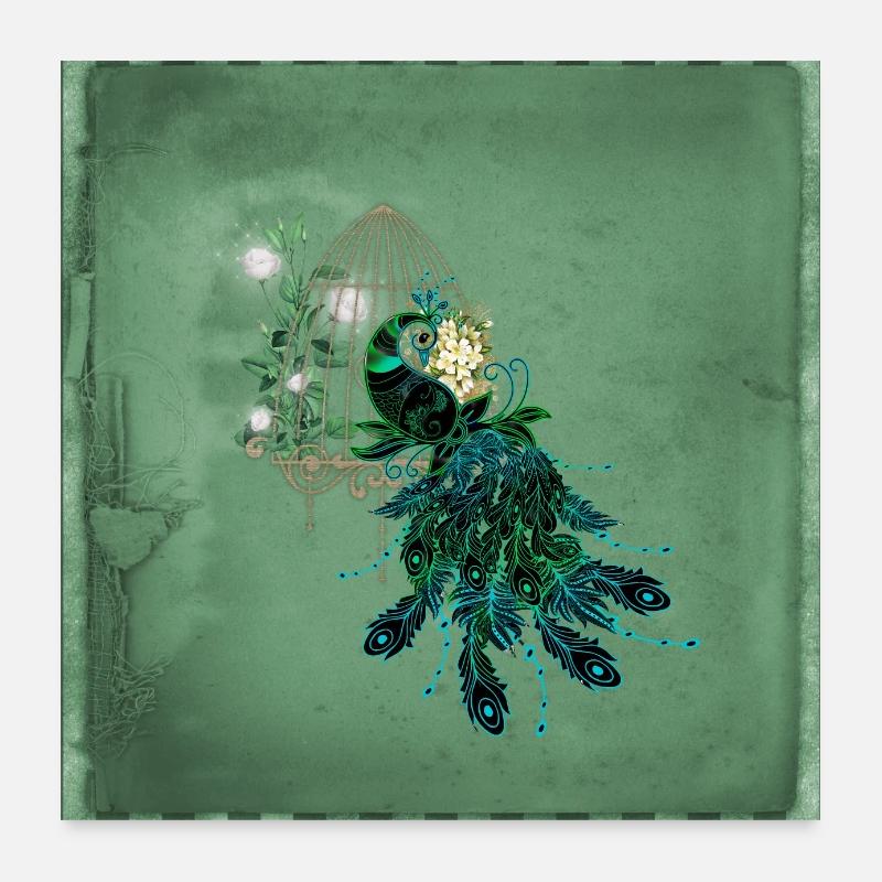 Paon élégant avec cage et fleurs. Poster 60 x 60 cm