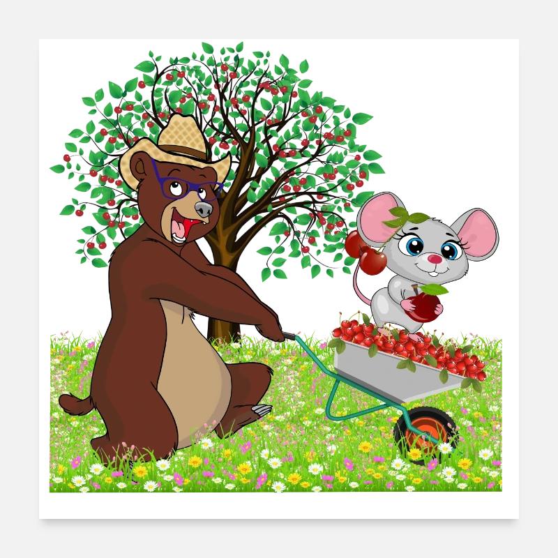 Bär mit Maus auf einer Wiese Poster 60x60 cm