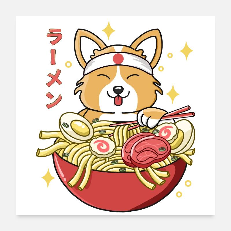 Corgi Ramen - Poster 60x60 cm - Weiß