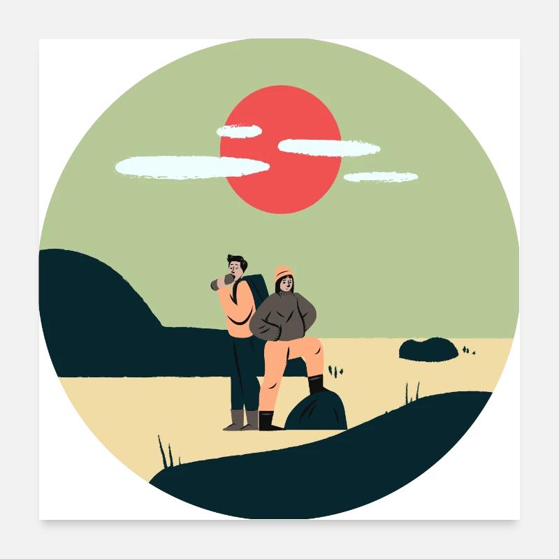 Couple de randonneurs dans le paysage Poster 60 x 60 cm
