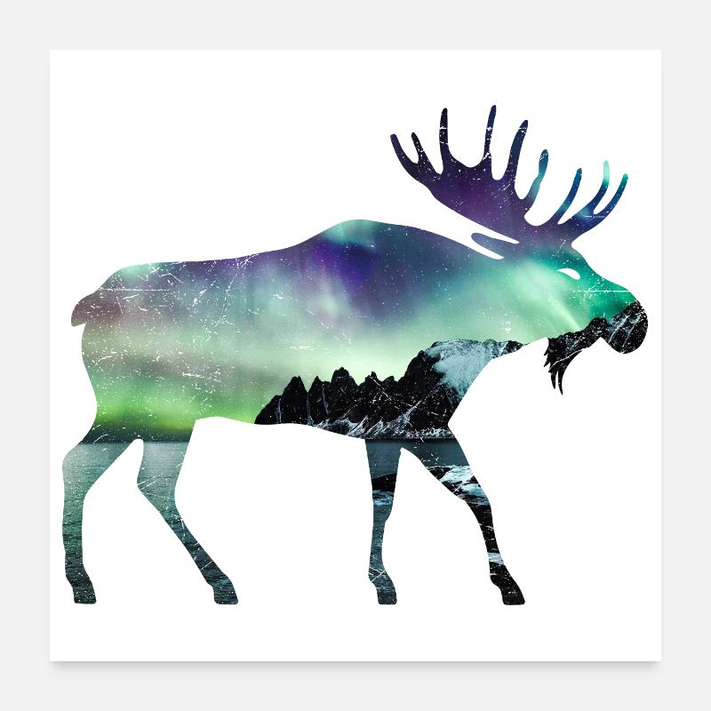 Double Exposure Tiere Elch Nordlicht Geschenkidee Poster 60x60 cm