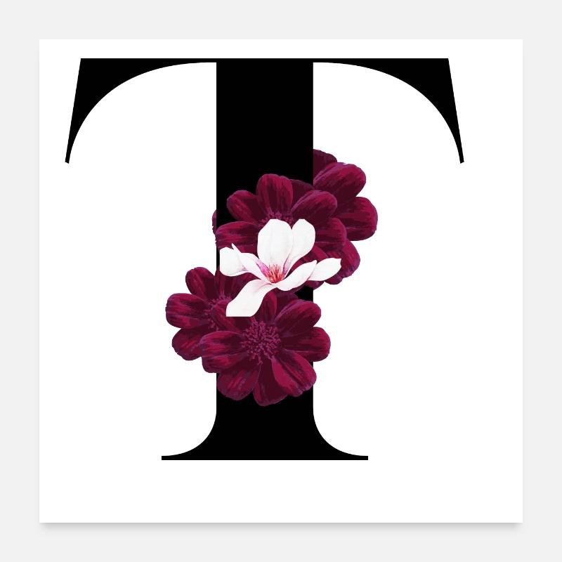 lettre T fleuris - Poster 60 x 60 cm - blanc