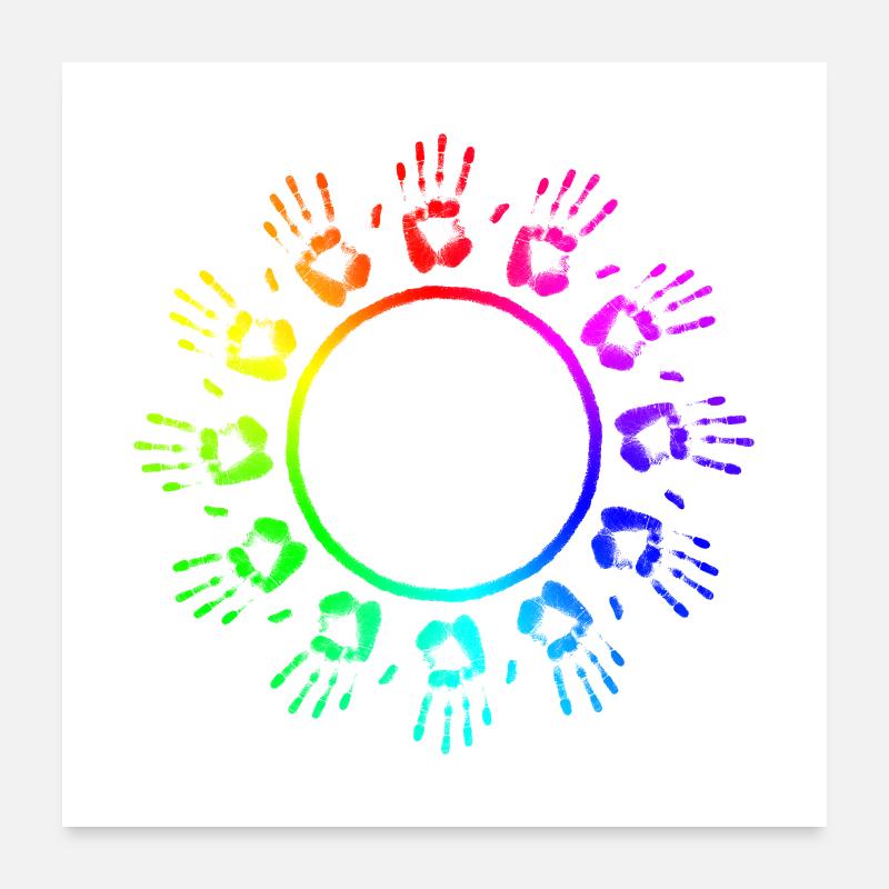 bunte Haende im Kreis in Regenbogen Poster 60x60 cm
