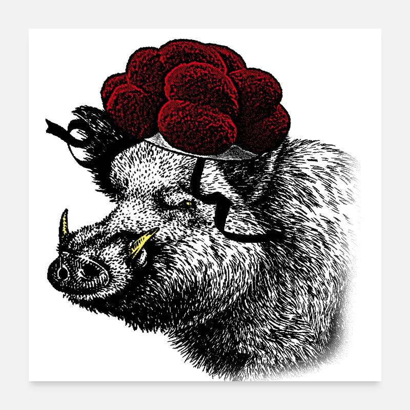 Wildschwein / Eber mit Schwarzwälder Bollenhut - Poster 60x60 cm - Weiß