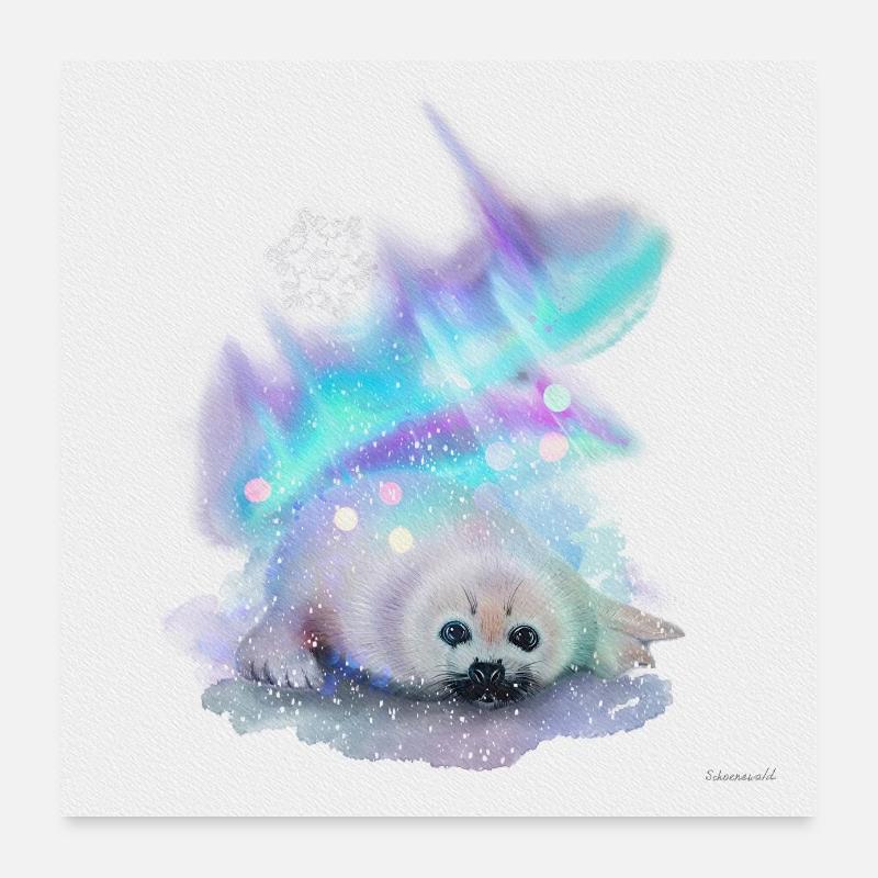 Polar seal in northern lights in square format Poster 24" x 24" (60x60 cm)