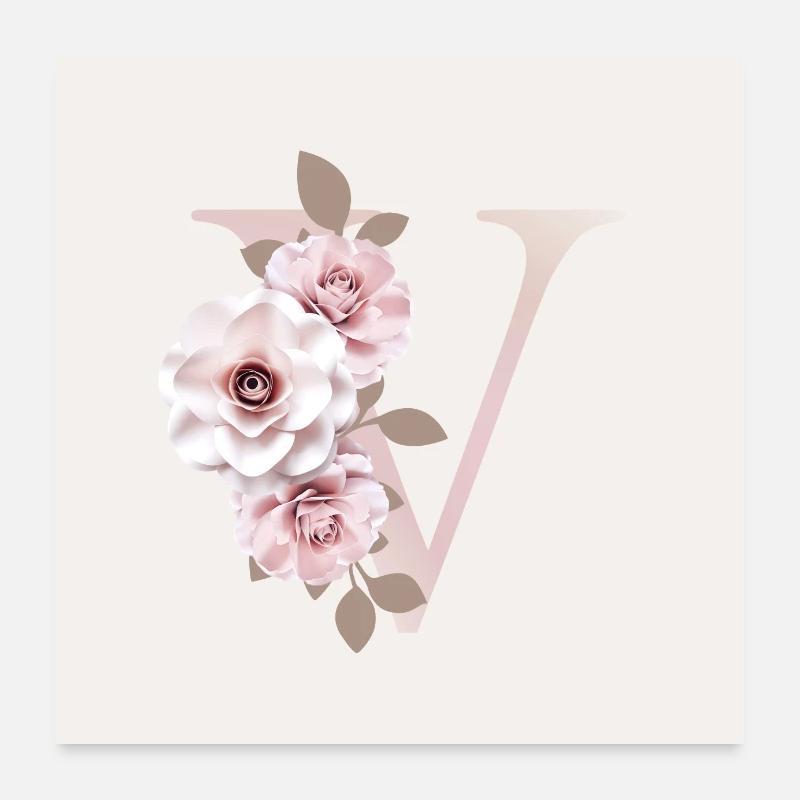 Poster V Buchstabe mit Blumen 3D Effekt Poster 60x60 cm