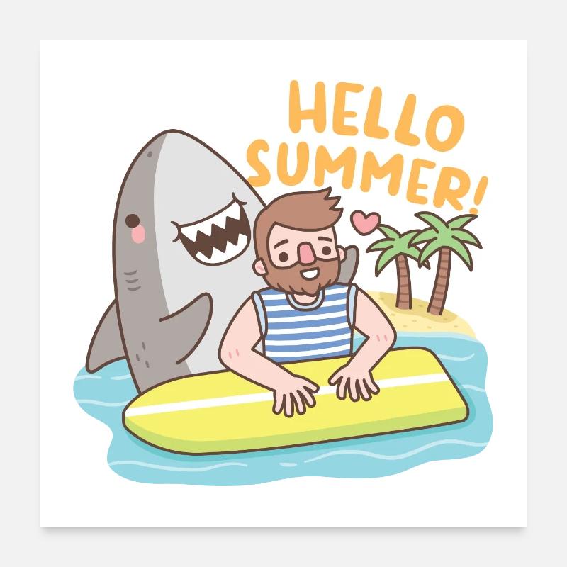 Funny Shark And Surfer, Hello Summer Poster 24" x 24" (60x60 cm)