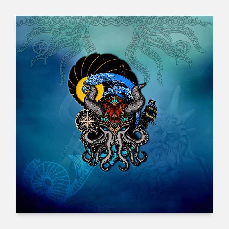 Poulpe amusant avec cornes et bateau Poster 60 x 60 cm