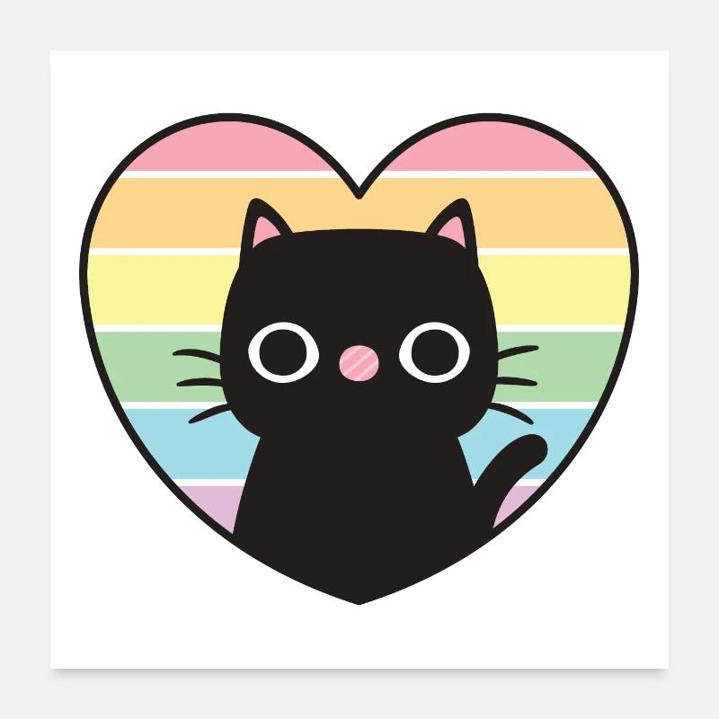 Süße schwarze Katze Regenbogenherz Poster 60x60 cm