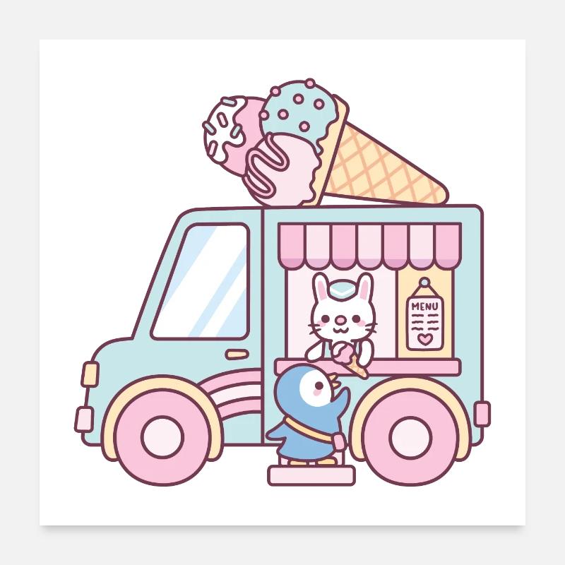 Camion de crème glacée Lapin et Pingouin Poster 60 x 60 cm
