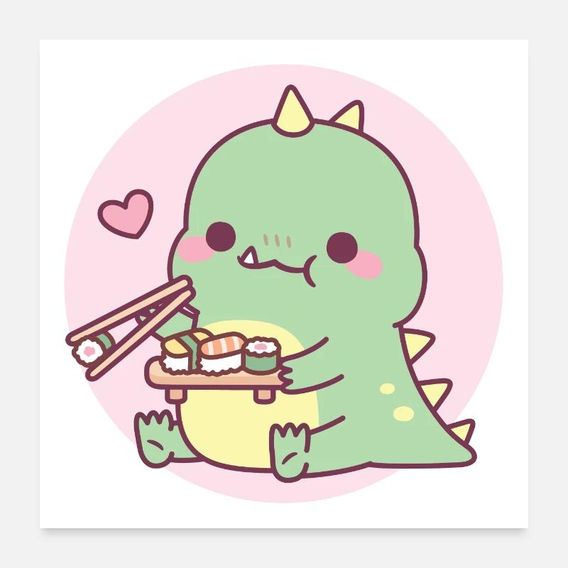 Mignon dinosaure vert aime les sushis Poster 60 x 60 cm