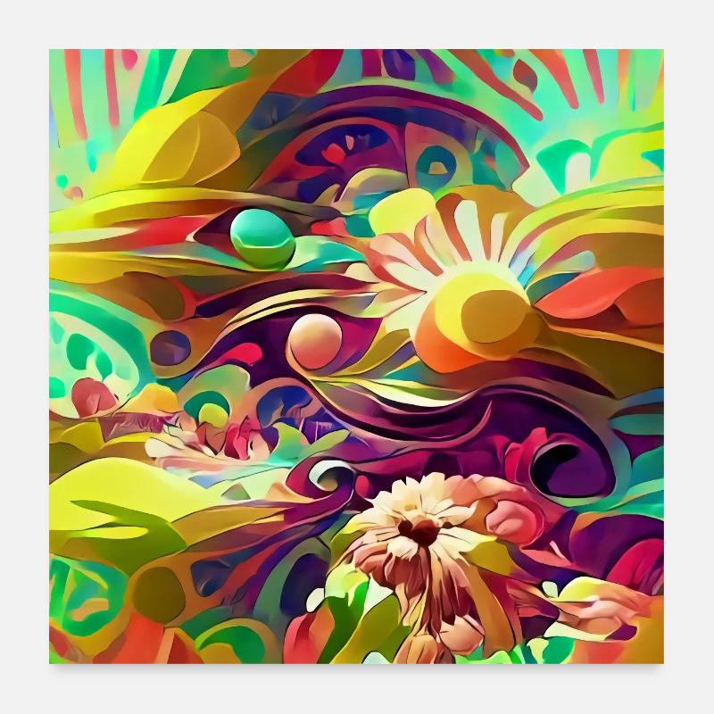 Fleurs et formes psychédéliques rétro lumineuses Poster 60 x 60 cm
