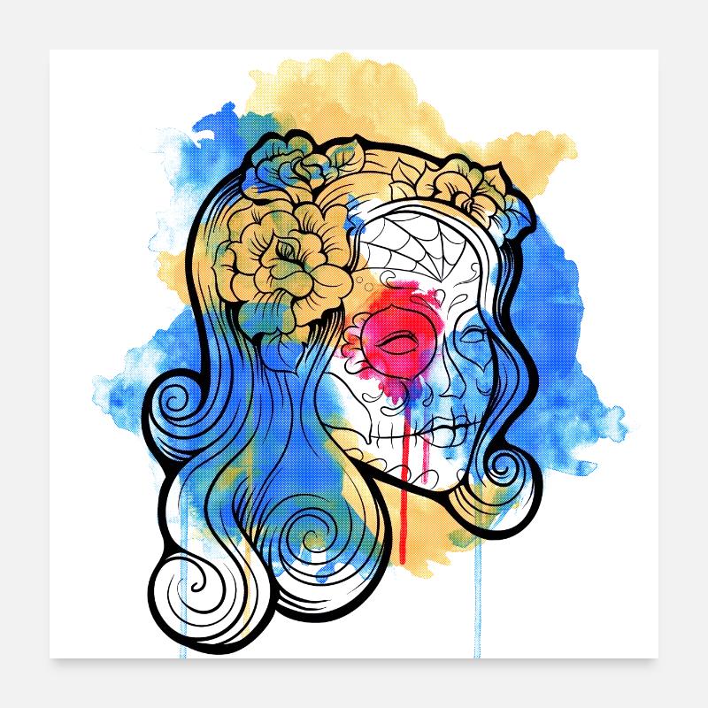 Une belle et drôle aquarelle Calavera Design Poster 60 x 60 cm