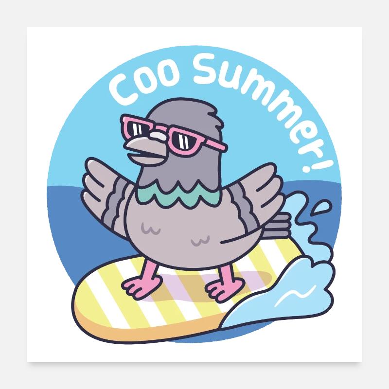 Pigeon Surfing On Surfboard Funny Coo Sommer Poster 60x60 cm