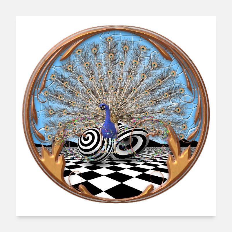 Pfau vor abstraktem Hintergrund mit Unendlichkeit Poster 60x60 cm