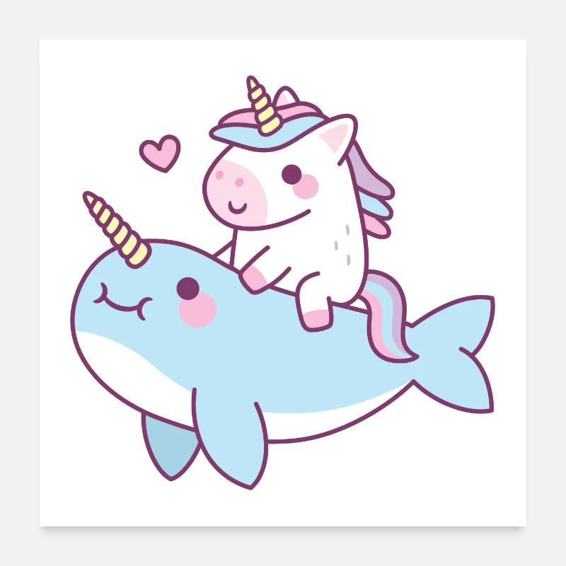 Süßes kleines Einhorn auf Narwal reiten Poster 60x60 cm
