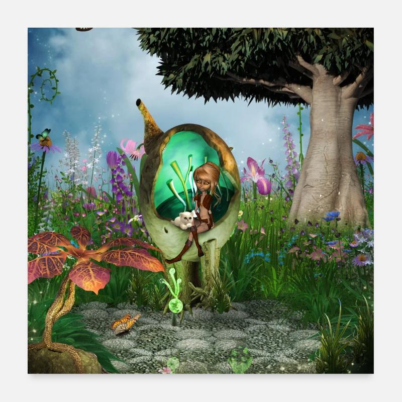 Petite fée avec son chat Poster 60 x 60 cm