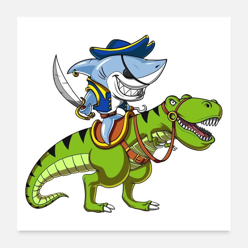 Requin Pirate Chevauchant T-Rex Dinosaure Poster 60 x 60 cm