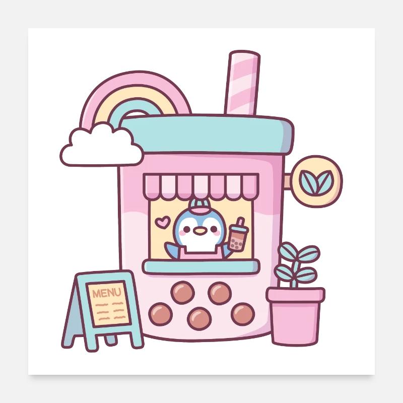 Cute Penguin Running Bubble Tea Cafe Poster 24" x 24" (60x60 cm)