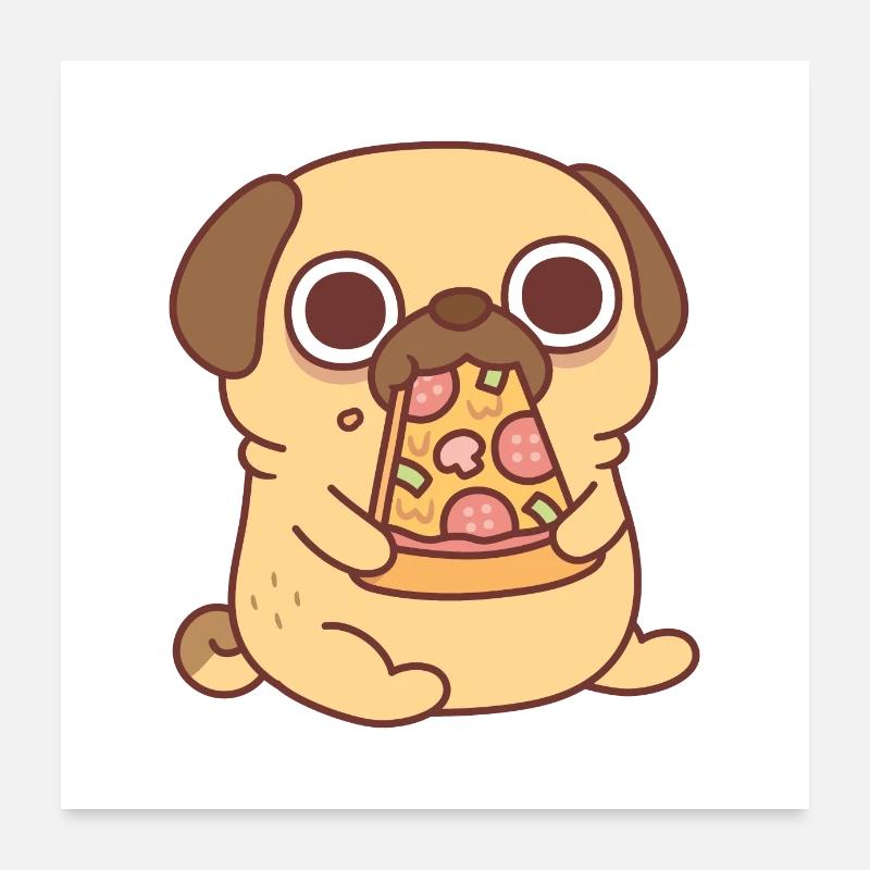 Süßer Mopshund, der ein Stück Pizza isst Poster 60x60 cm