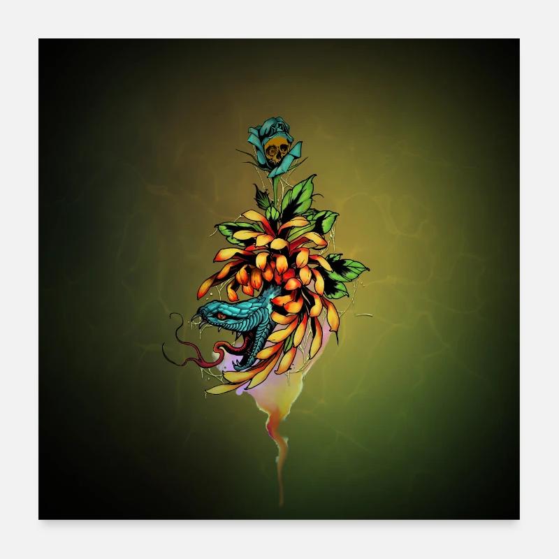 Serpent incroyable avec crâne et fleurs. Poster 60 x 60 cm