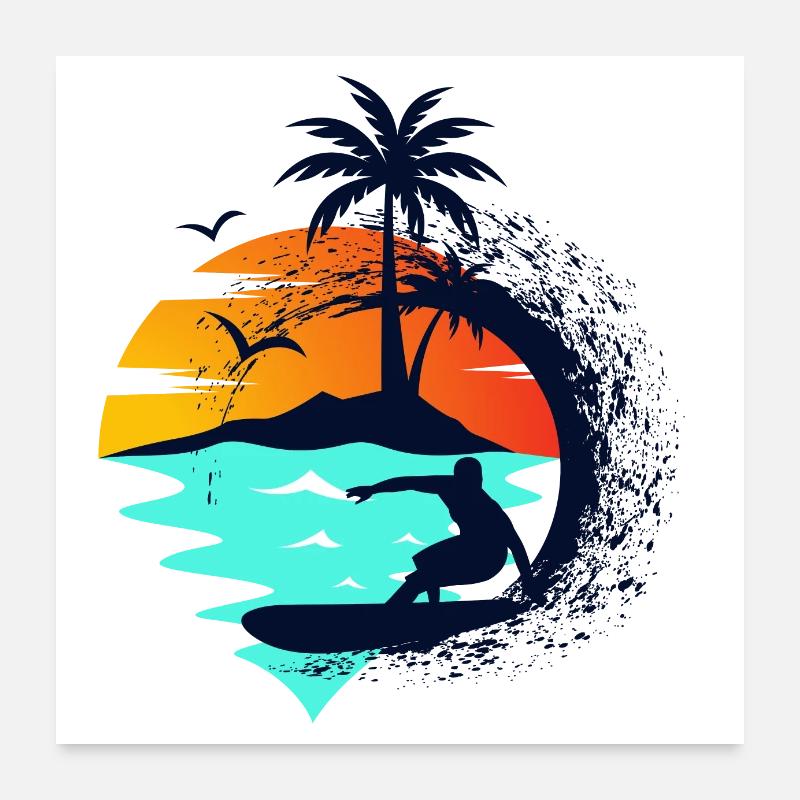 Surfing, Waves, sunset. Poster 24" x 24" (60x60 cm)