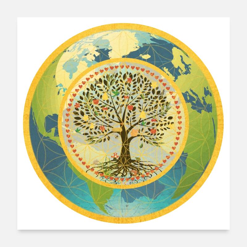 Baum und Blume des Lebens auf Planet Erde Goldrand Poster 60x60 cm