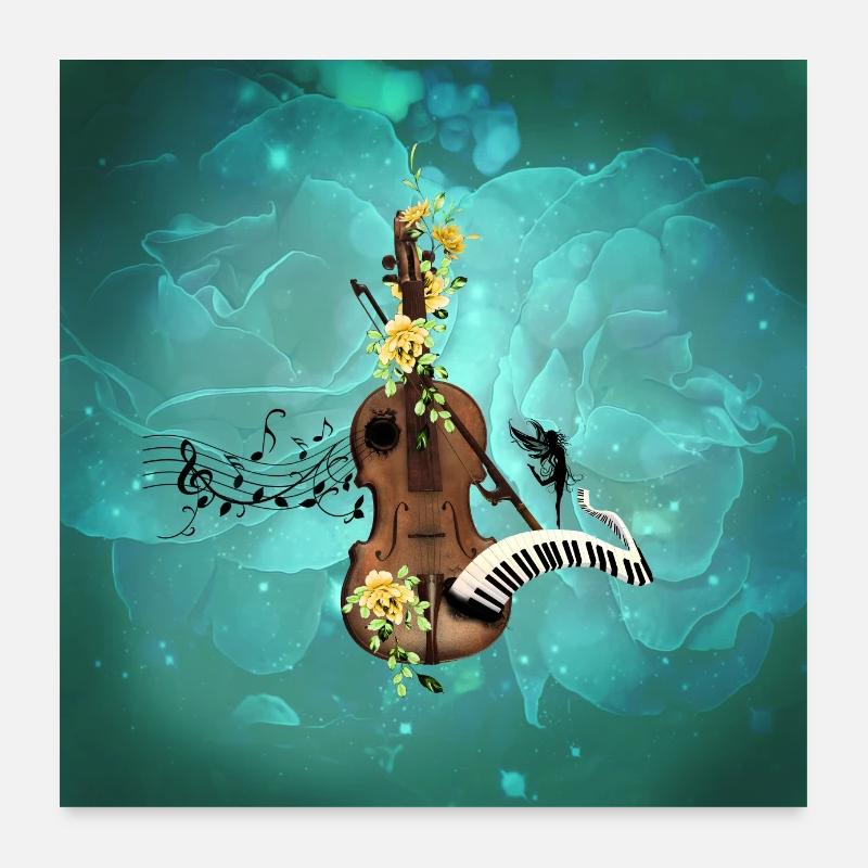 Wunderbare Geige mit Klavier und Blumen. - Poster 60x60 cm - Weiß