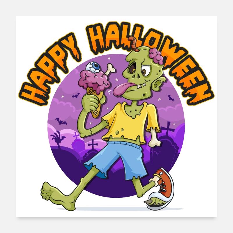 ZOMBIE AMUSANT MANGEANT DE LA CRÈME GLACÉE AU CERVEAU Poster 60 x 60 cm