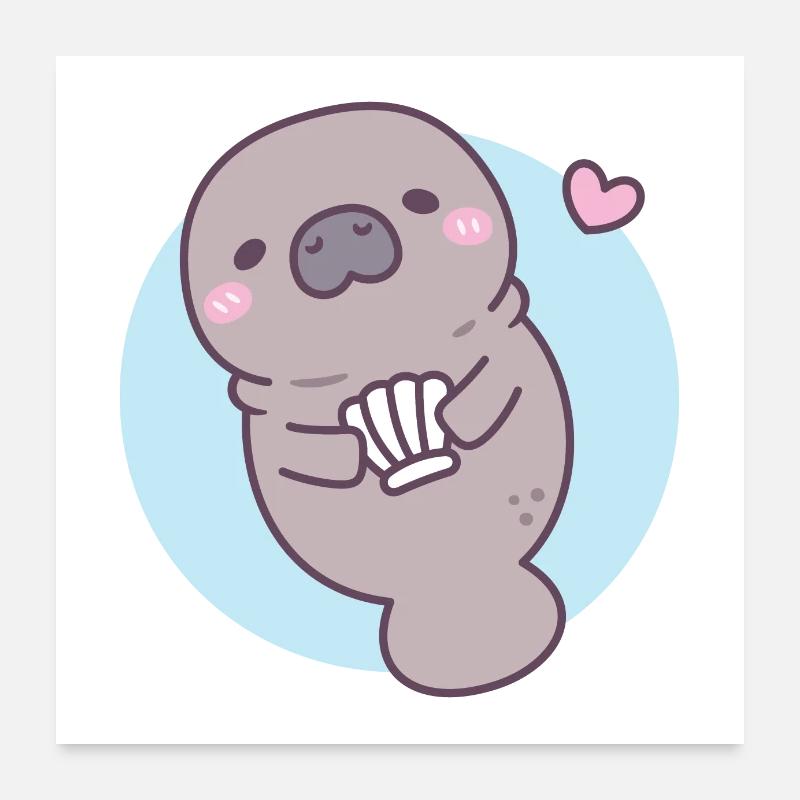 Cute Manatee Holding Clam Seashell Poster 24" x 24" (60x60 cm)