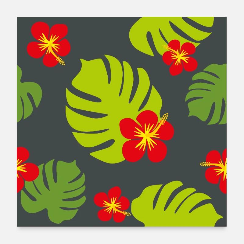 Hibiscus and monstera on a dark background Poster 24" x 24" (60x60 cm)