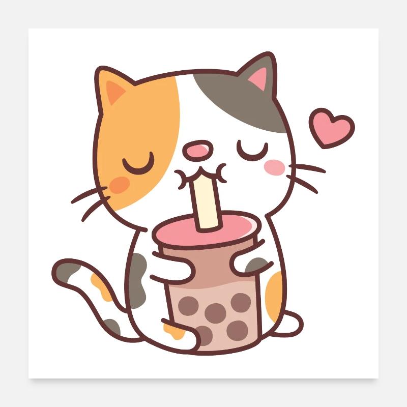 Süße Calico Katze liebt Bubble Tea mit Boba Perlen Poster 60x60 cm