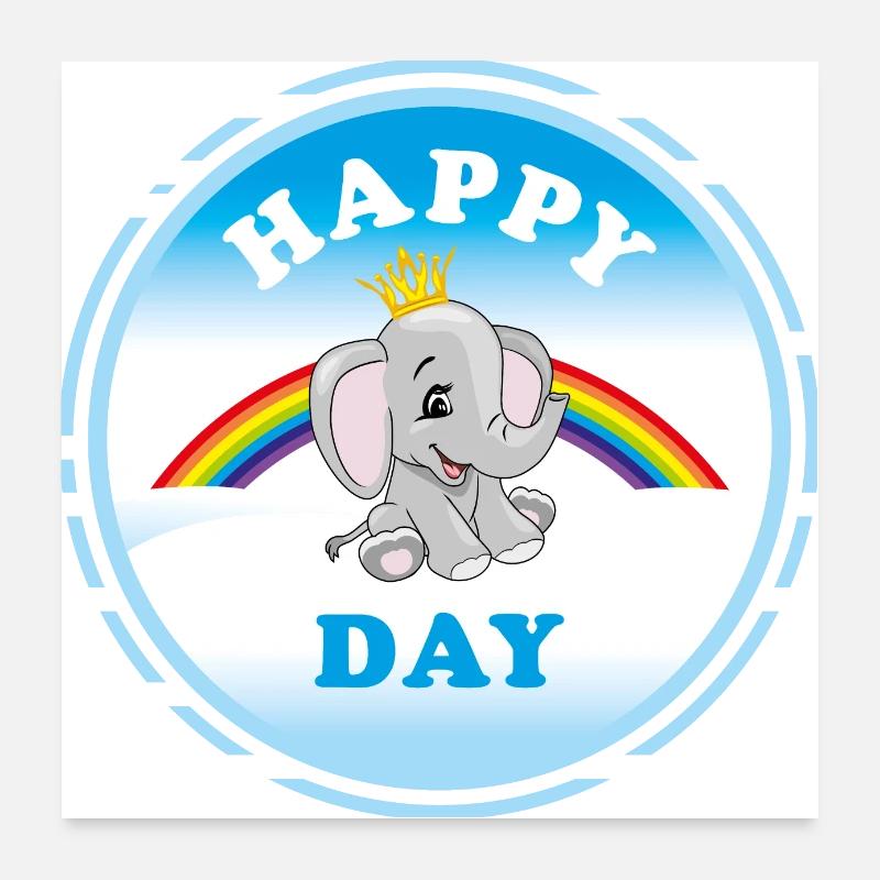 Lächelnder Babyelefant sitzt auf einem Regenbogen - Poster 60x60 cm - Weiß