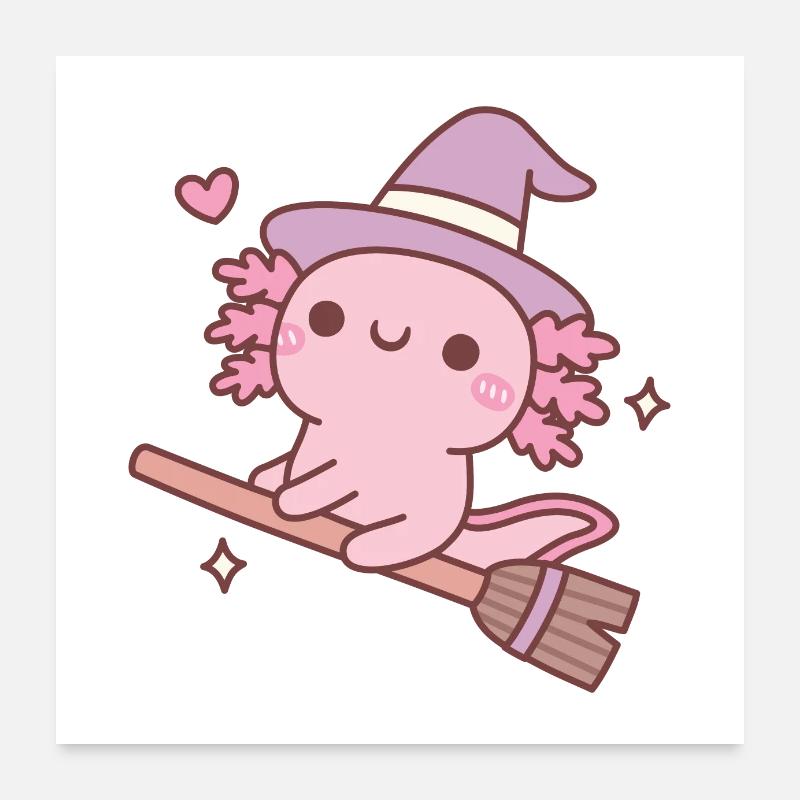 Cute Axolotl Witch On Flying Broom Poster 24" x 24" (60x60 cm)