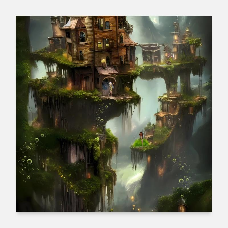 Super ville sur le rocher avec des fées. Poster 60 x 60 cm